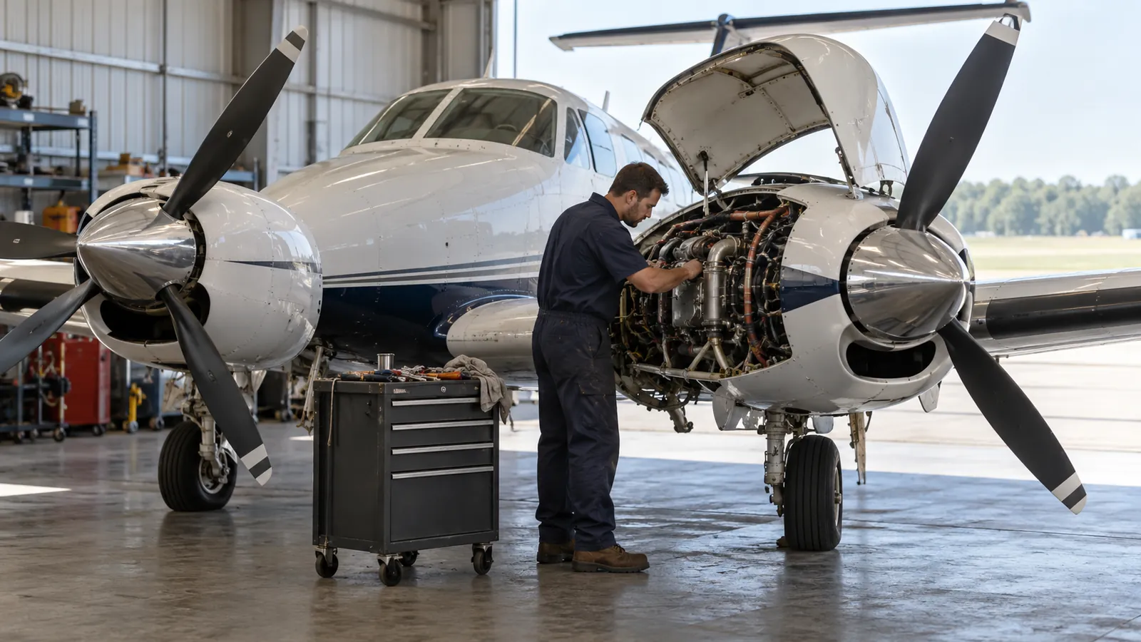An aircraft mechanic in coveralls inspects the open engine cowling of a twin engine propeller plane inside a hangar