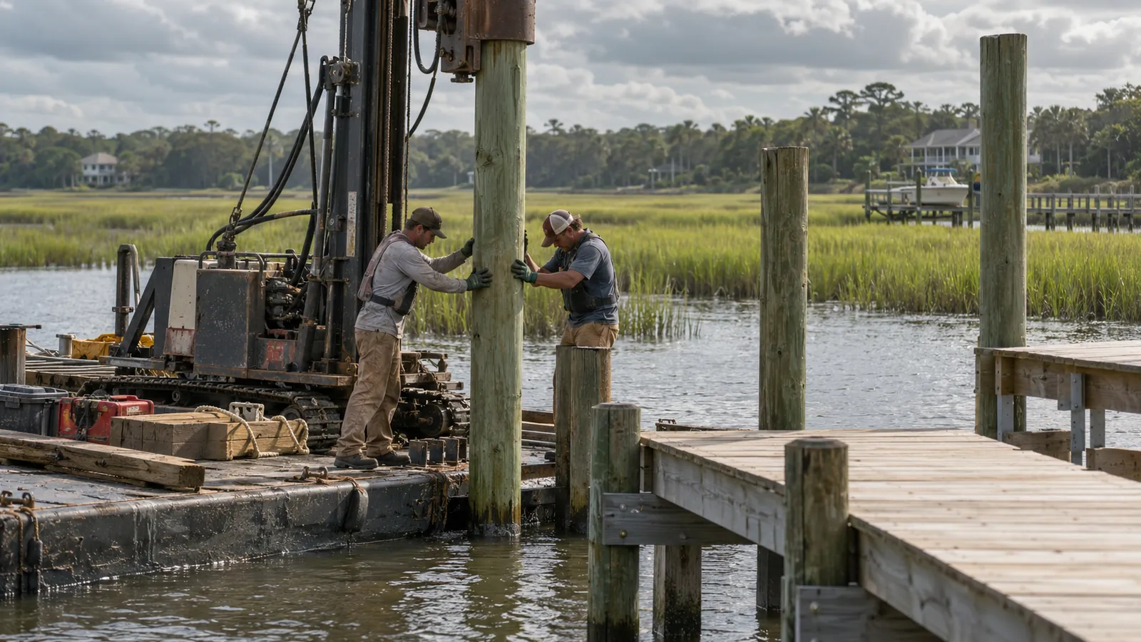 Two marine construction workers on a small barge guide a wooden piling into place beside a residential dock on a tidal creek