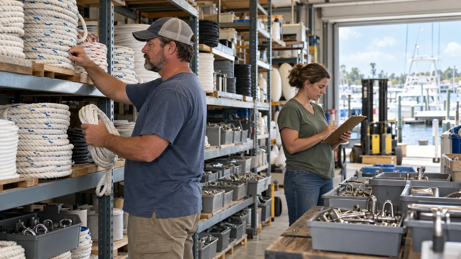 A marine supply manager counts stock on warehouse shelves while a coworker checks a clipboard