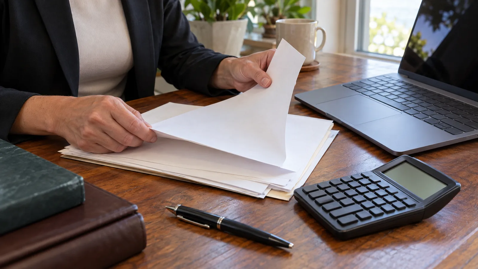A closing attorney's desk with a signed promissory note, a calculator and a pen beside a laptop