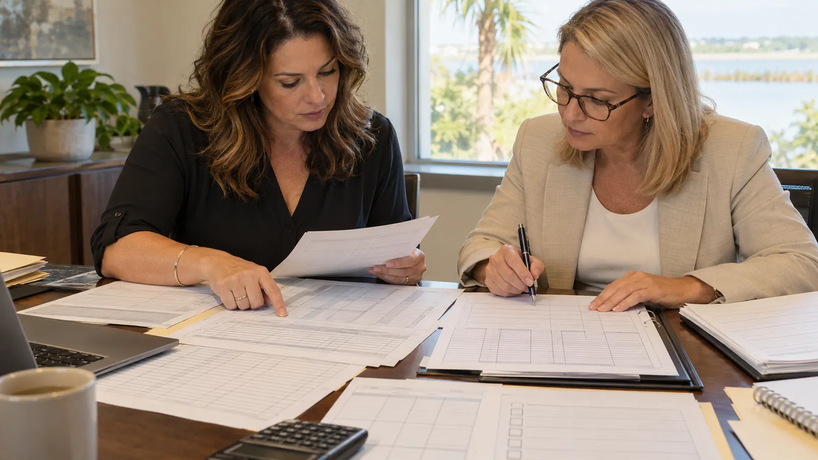 A business owner and her accountant reviewing state tax returns and a closing checklist at a conference table