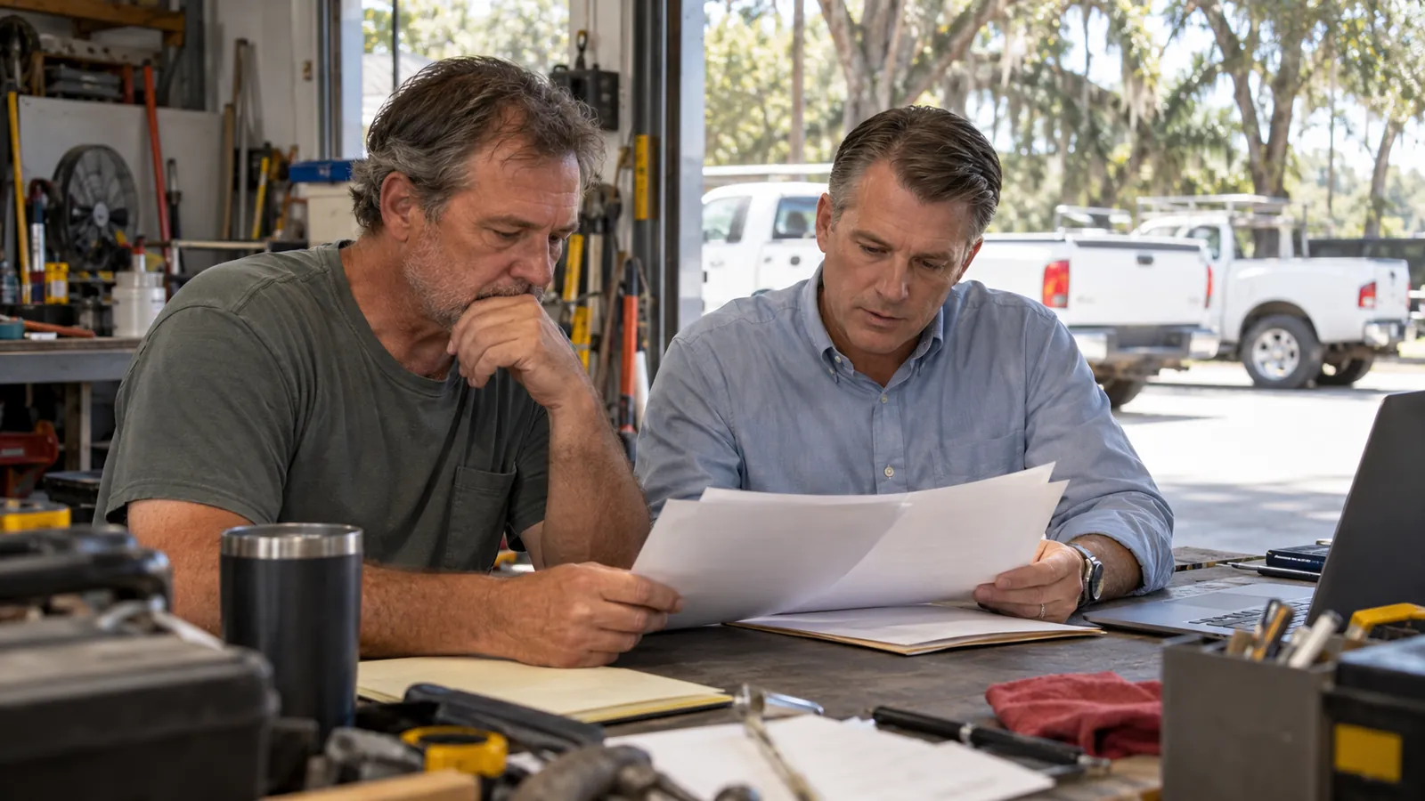 Owner of a Jacksonville service company sitting at a workshop desk with a broker, going over printed profit and loss statements, company trucks parked outside the open bay door