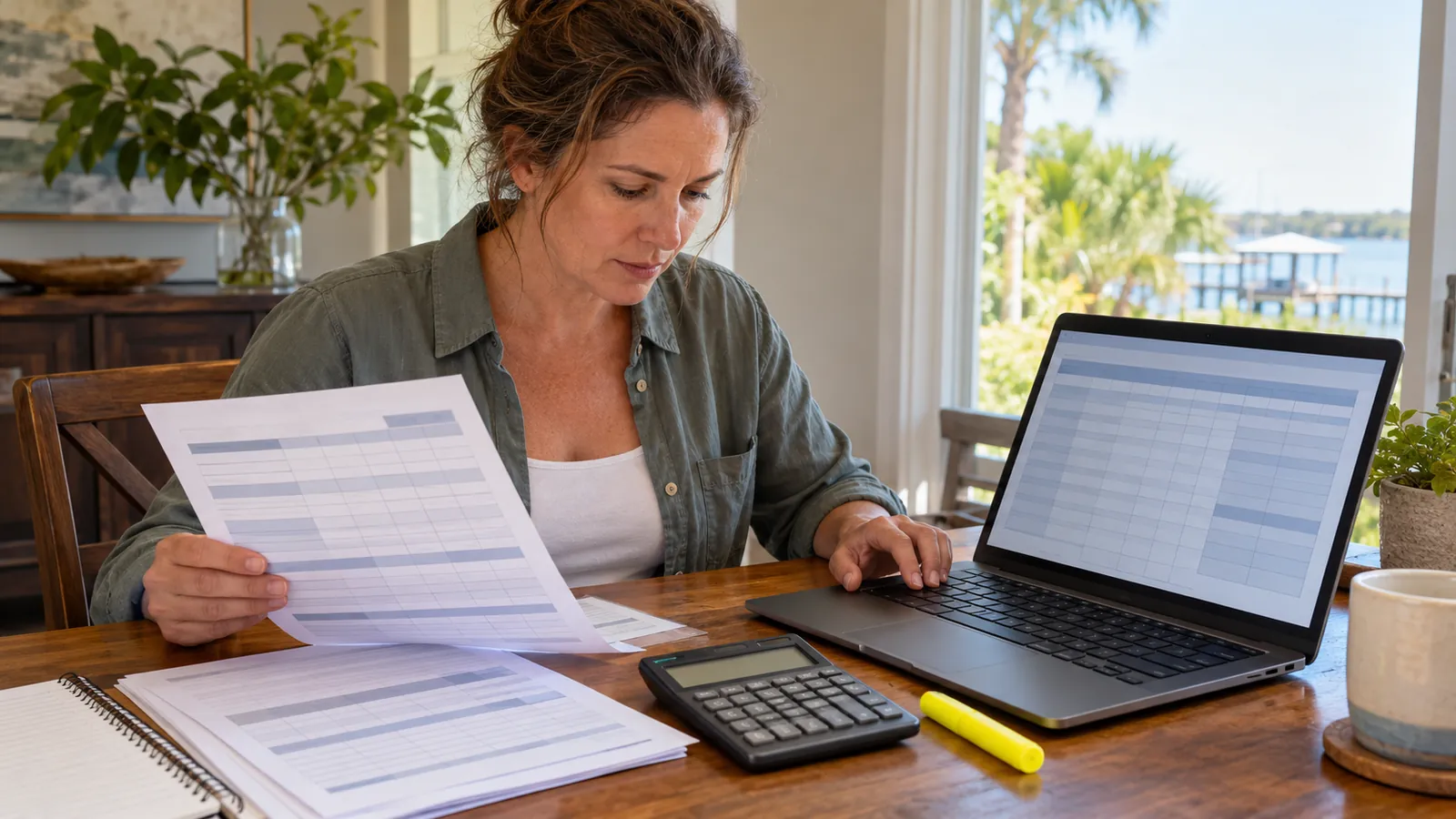 A woman at a desk compares a printed profit and loss statement with figures on a laptop spreadsheet